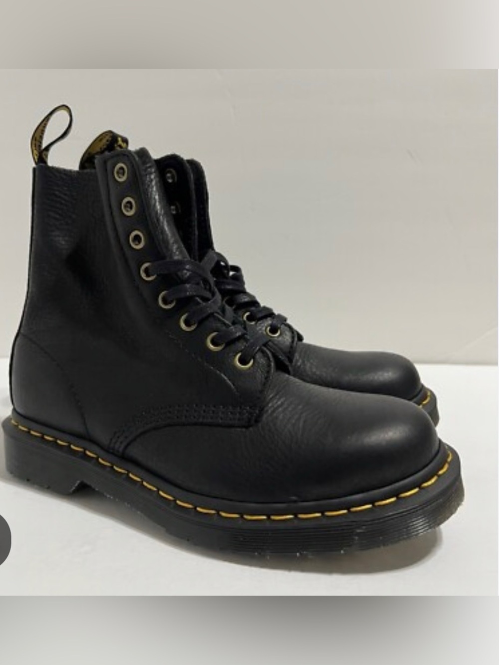 Dr. Martens Black Leather Lace-Up Boots with Yellow Stitching